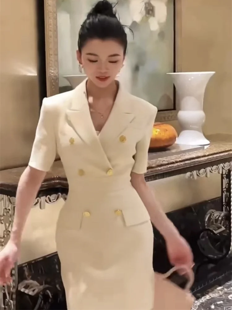 Ele Commuter Sle ort Sve 슈트 칼라 더블 버튼 허리 조임 여름 신상 여성 Dr Faionable Chic