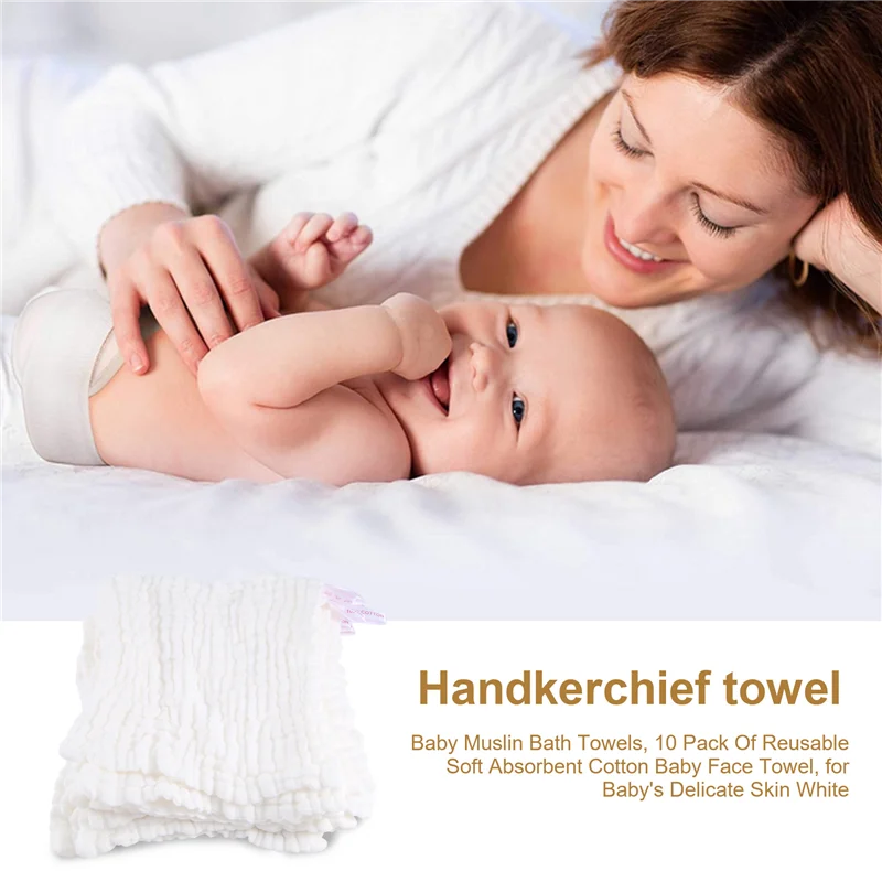 WOTT-Baby Muslin Bath Towels, 10 Pack Of Reusable Soft Absorbent Cotton Baby Face Towel, For Baby's Delicate Skin White