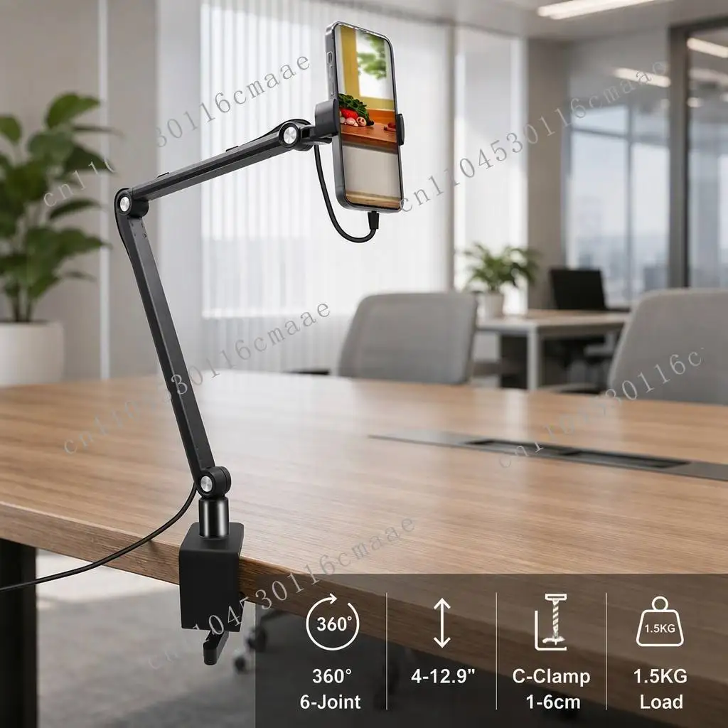 Clip-on desktop clip-on mobile phone holder with 360-degree rotation function ° rotatable flexible arm, universal C-clip (1-6 cm