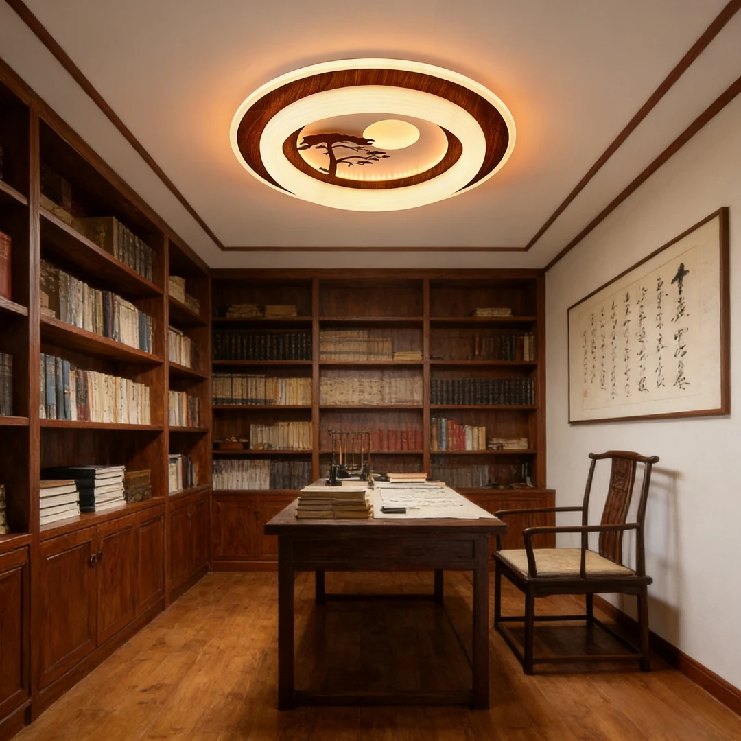 New Chinese Walnut Colored Ceiling Light with Circular Embedded Design for Bedroom, Living Room and Home Decoration