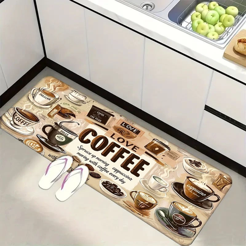 Retro Coffee Themed Kitchen Runner Rug  Cappuccino Latte Cup Pattern Non Slip Washable Long Entryway Floor Mat Bedroom  Carpet