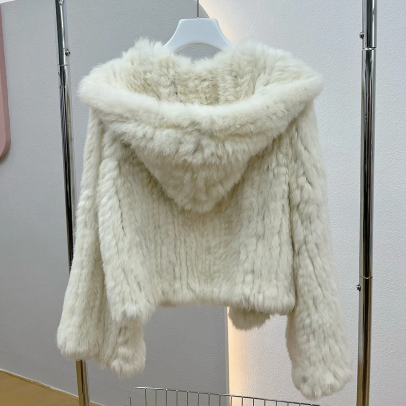 Cappotto con cappuccio in vera pelliccia di coniglio a maniche lunghe da donna Casual giacca in vera pelliccia lavorata a maglia allentata con cappuccio Capispalla femminile in pelliccia naturale