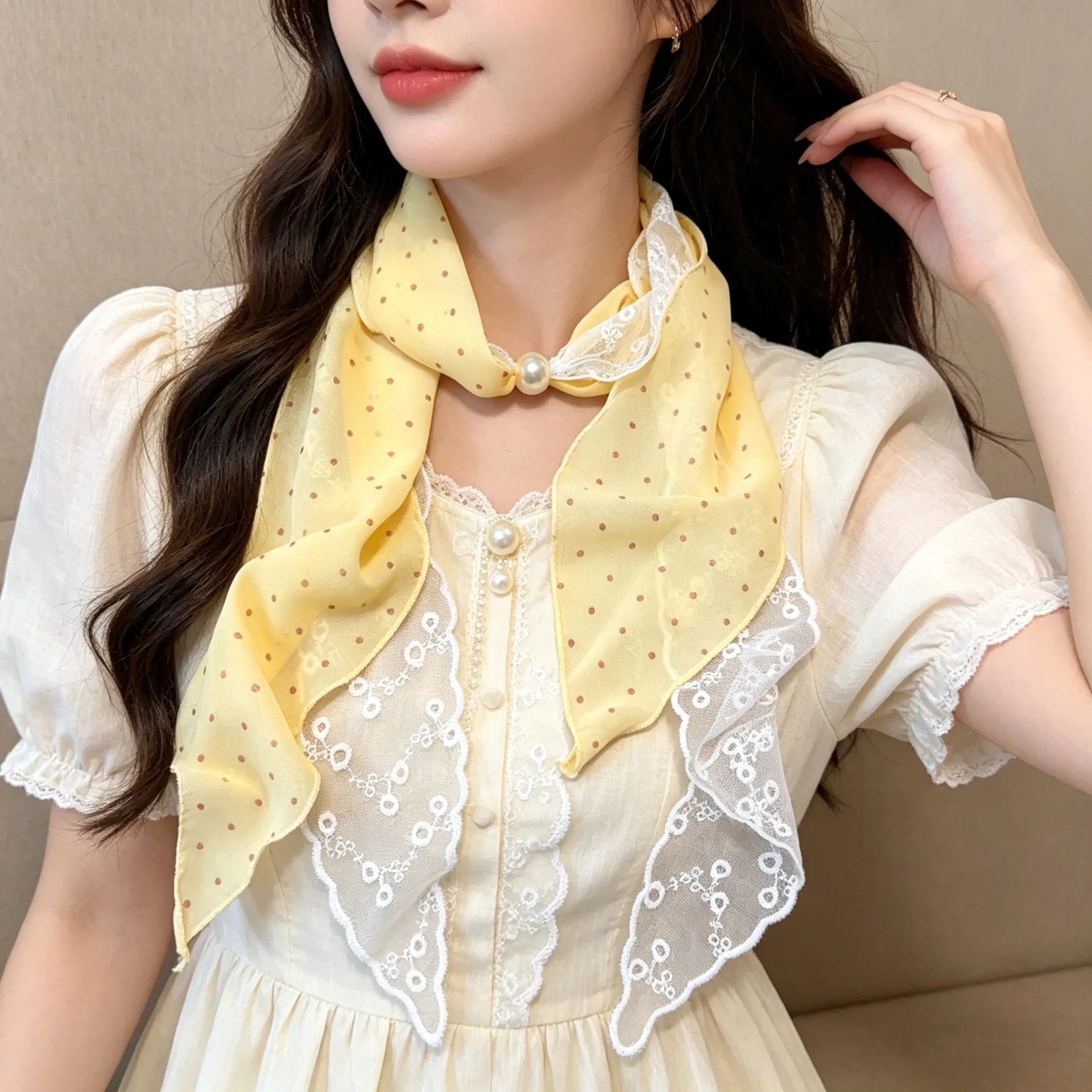 Fresh Floral Polka Dot Lace Patchwork Long Silk Scarf Women Spring Summer Neck Hair Tie Trendy