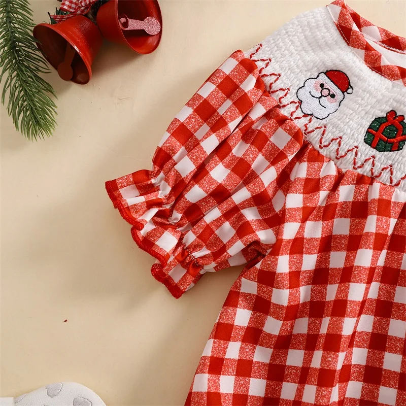 Baby Girls Christmas Romper, Short Sleeve Crew Neck Embroidery Plaid Infant Bodysuit Summer Clothes