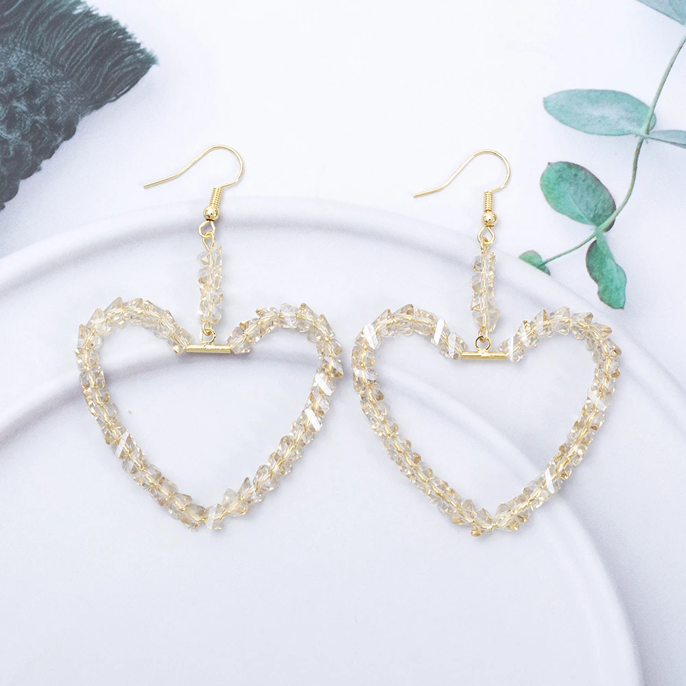 Shiny Glass Handmade Beaded Large Heart Earrings For Women Luxury Imitation Crystal Party Vacation Jewelry Wedding Decoration
