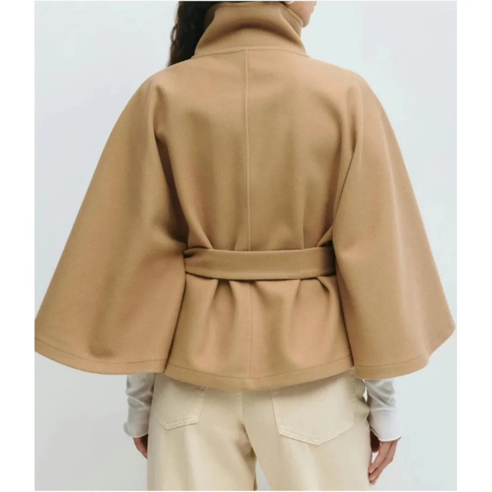 Women's Fashion Cape Stand Collar Button Belt Trench Coat Autumn Winter New Loose Long Sleeve Simple Female Office Tweed Coat