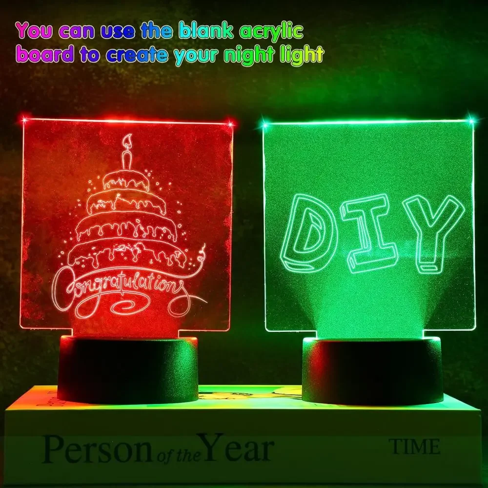 6/12 Pcs 3D Lamp Base LED Night Light DIY Clear Acrylic Sheets RGB Color touch Children\'s Lamps Bedroom Decor Christmas Gift Toy