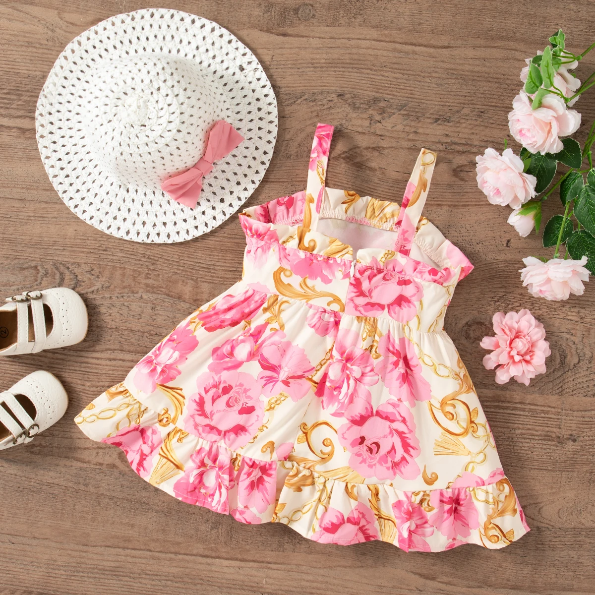 فستان بناتي صيفي لطيف بحزام مطبوع عليه وردة للأطفال فستان بناتي لطيف بفيونكة للشاطئ ملابس للفتيات الصغيرات