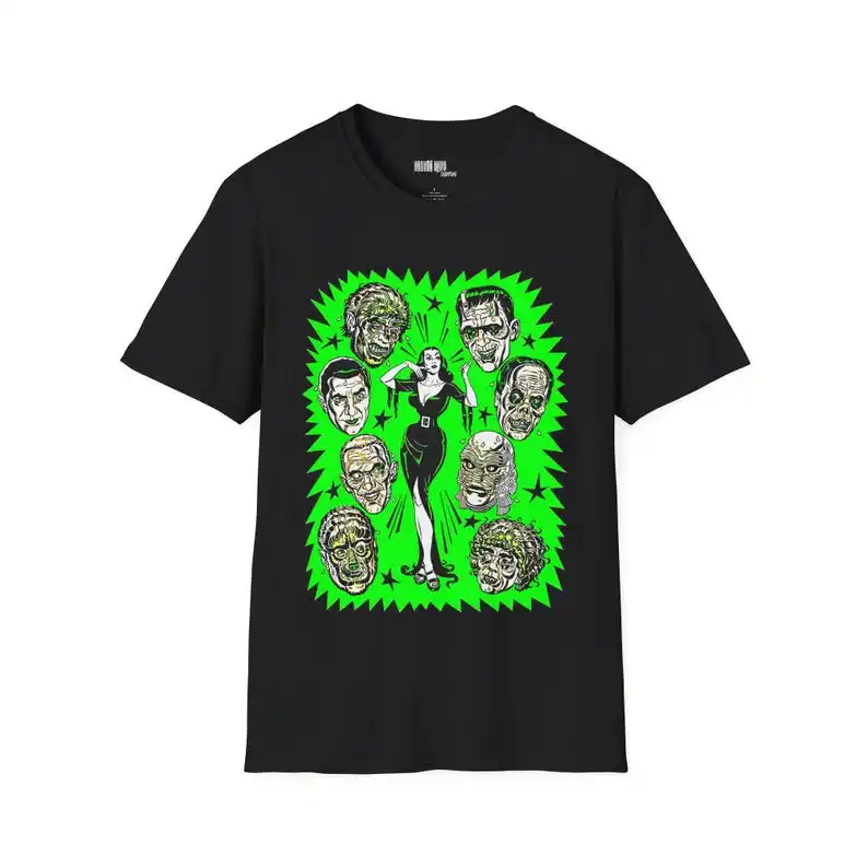 Vampira and Classic Monsters T-shirt, Gothic Horror Tee, Retro Creature Shirt, Halloween Top, Spooky Movie Fan Gift, Monster
