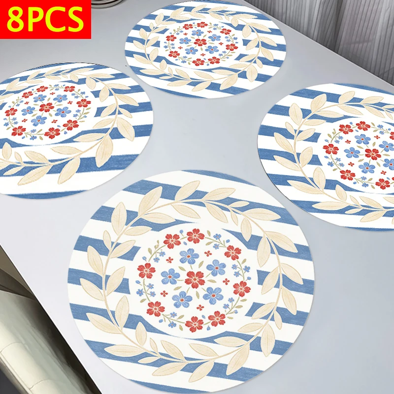 

8pcs Placemats -Blue White Rose Striped design, 38x38cm Table Mats, Plate Mats,suitable for families festival table decoration