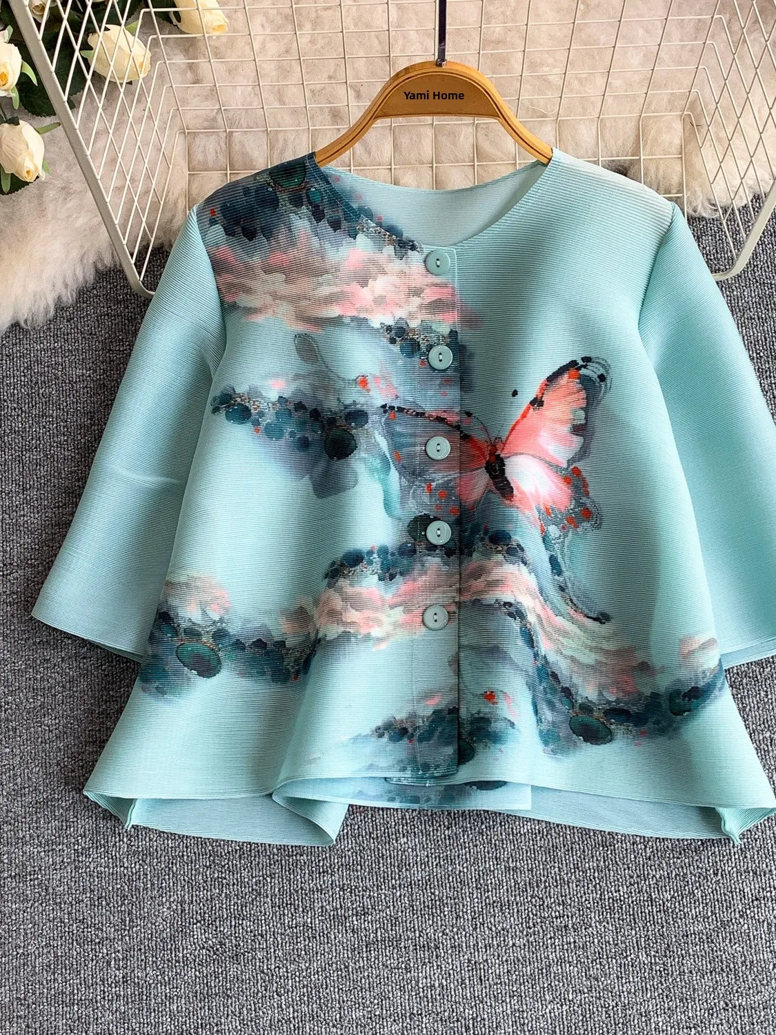 Slimming Effect High Elasticity Loose round Neck Cardigan Outerwear Women's Summer Fashion Oil Painting Style Printed Open Ca...