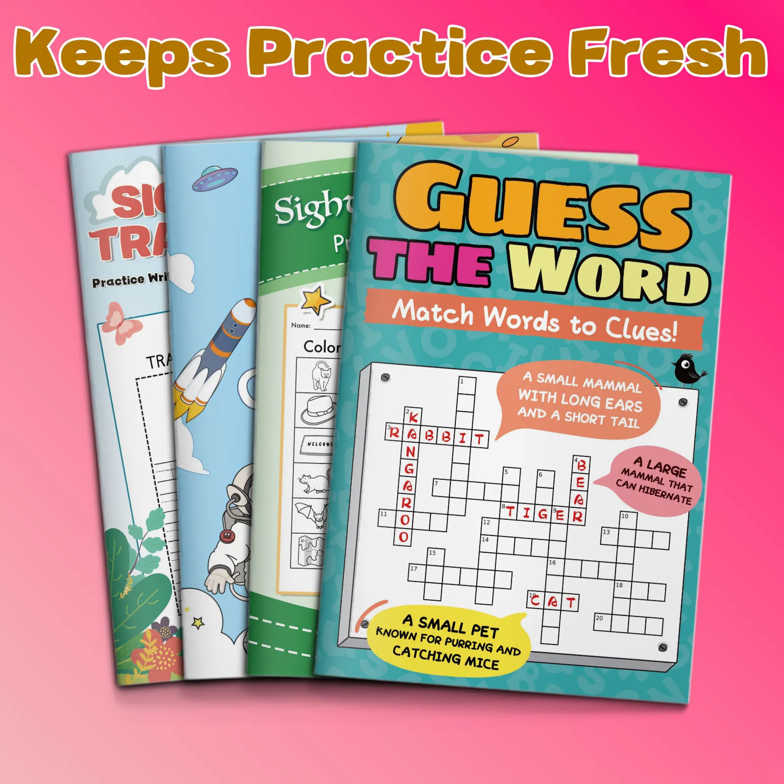 4-Book English Sight Word Tracing, Word Guessing, and Handwriting Workbook Set for Kids, Matching, Coloring, Tracing