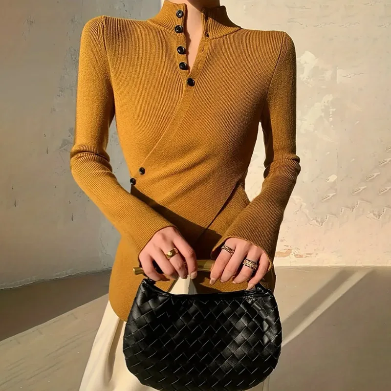 

Women's New Knitwear, Stand-up Collar, Cross Buttons, Autumn and Winter, Thin Solid Color Temperament Top, Women