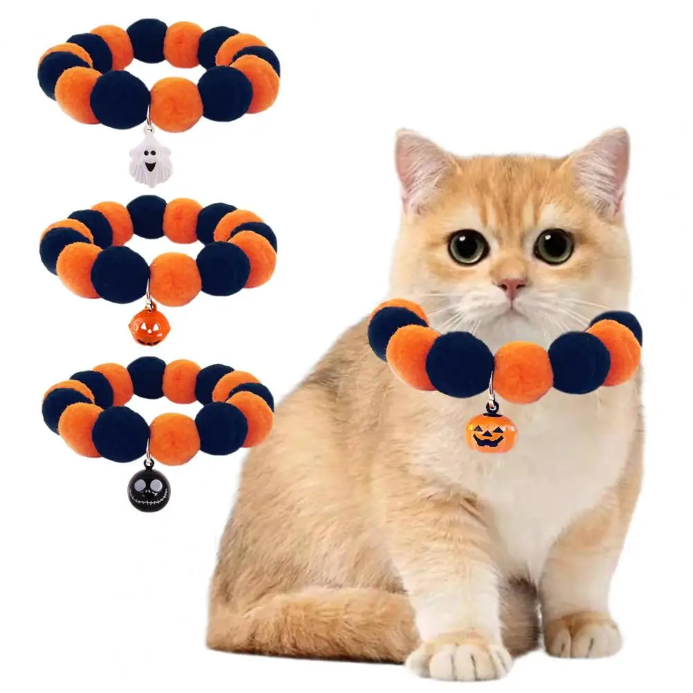 Halloween Pompom Pet Collar Pet Dog Collar with Pumpkin-shaped Bell Charming Cat Dog Plush Ball Collar Festive Pet Accessories