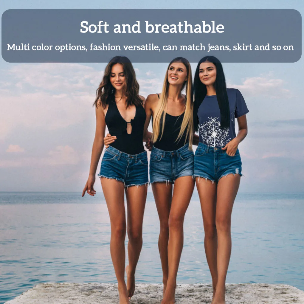 Damskie koszulki z krótkim rękawem z nadrukiem dmuchawca, styl pleated, letnie t-shirty, odzież unisex, dodatek modowy, ciemnoszary, rozmiar S