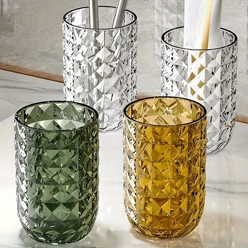 1pc Solid Color Mouthwash Cup, Couple Toothbrush Cup, Plastic Gargle Cup, Geometric Textured Bathroom Tumbler, Bathro