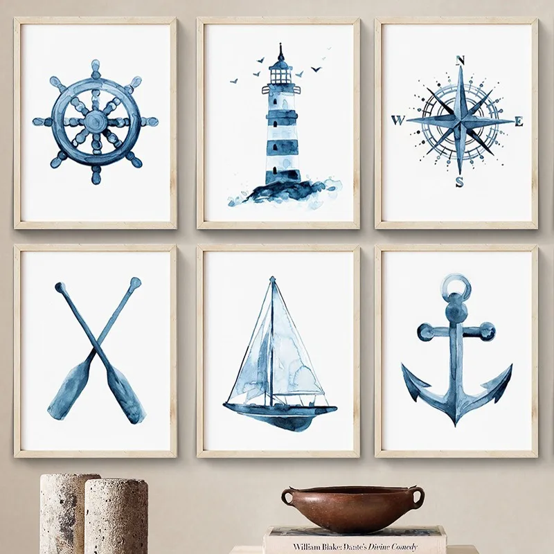 1PC Blue Watercolor Coastal Nautical Posters Prints Rudder Compass Anchor Canvas Painting Wall Picture for Ocean Beach House