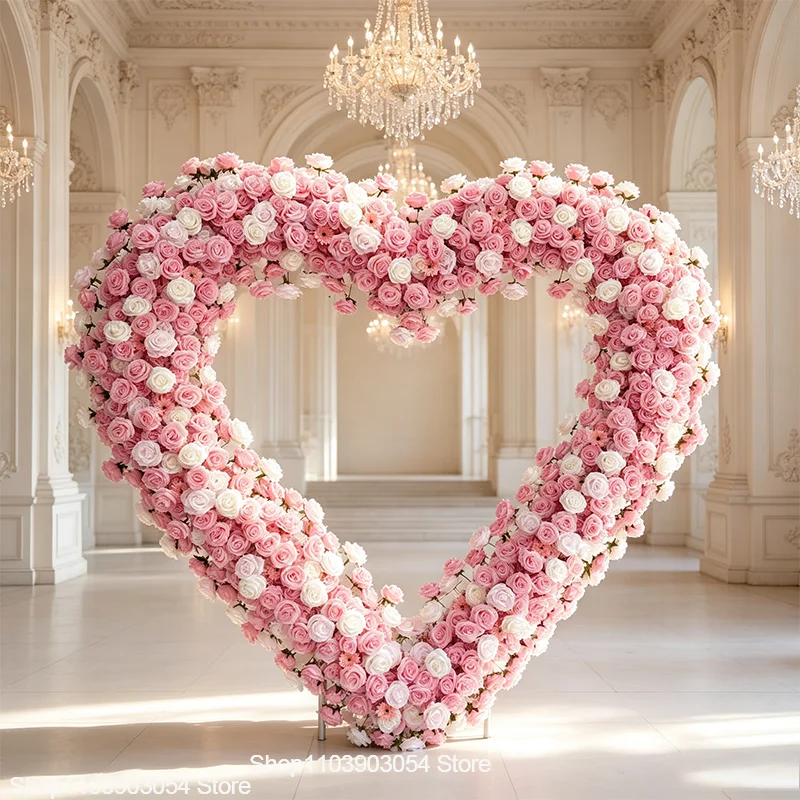2x2m Rosa-Weißer Herzförmiger Künstlicher Blumenbogen aus Seidenrosen, Herzrahmen für Hochzeitsbühnen-Hintergrund, Hotel-Zeremonie-Dekoration – Detail 2