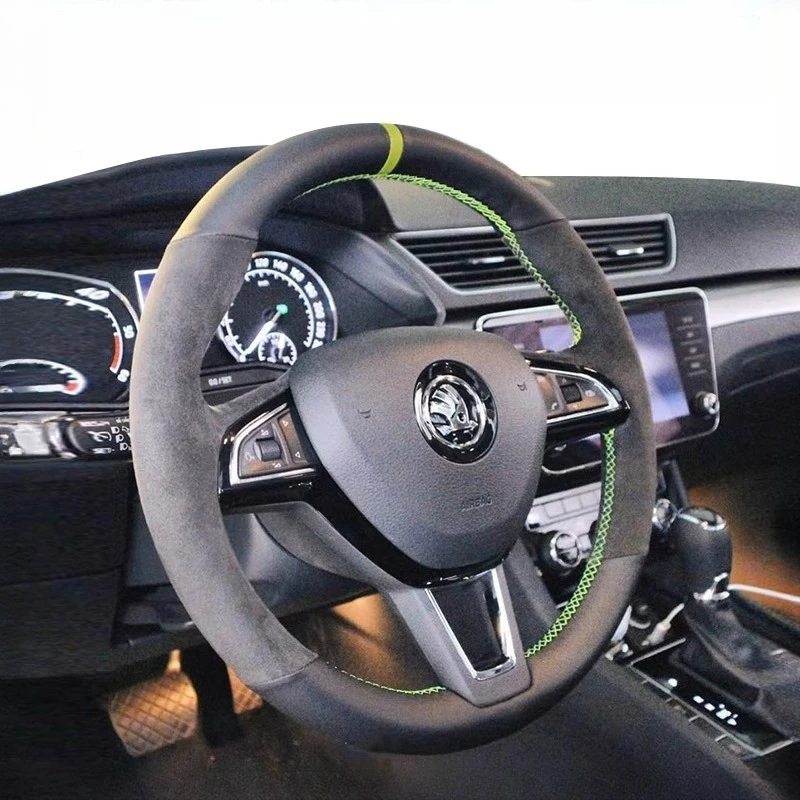 For Skoda Octavia 2017 Fabia 2016 2017 Rapid Spaceback 2016 Hand-Stitched Suede car Steering Wheel Cover