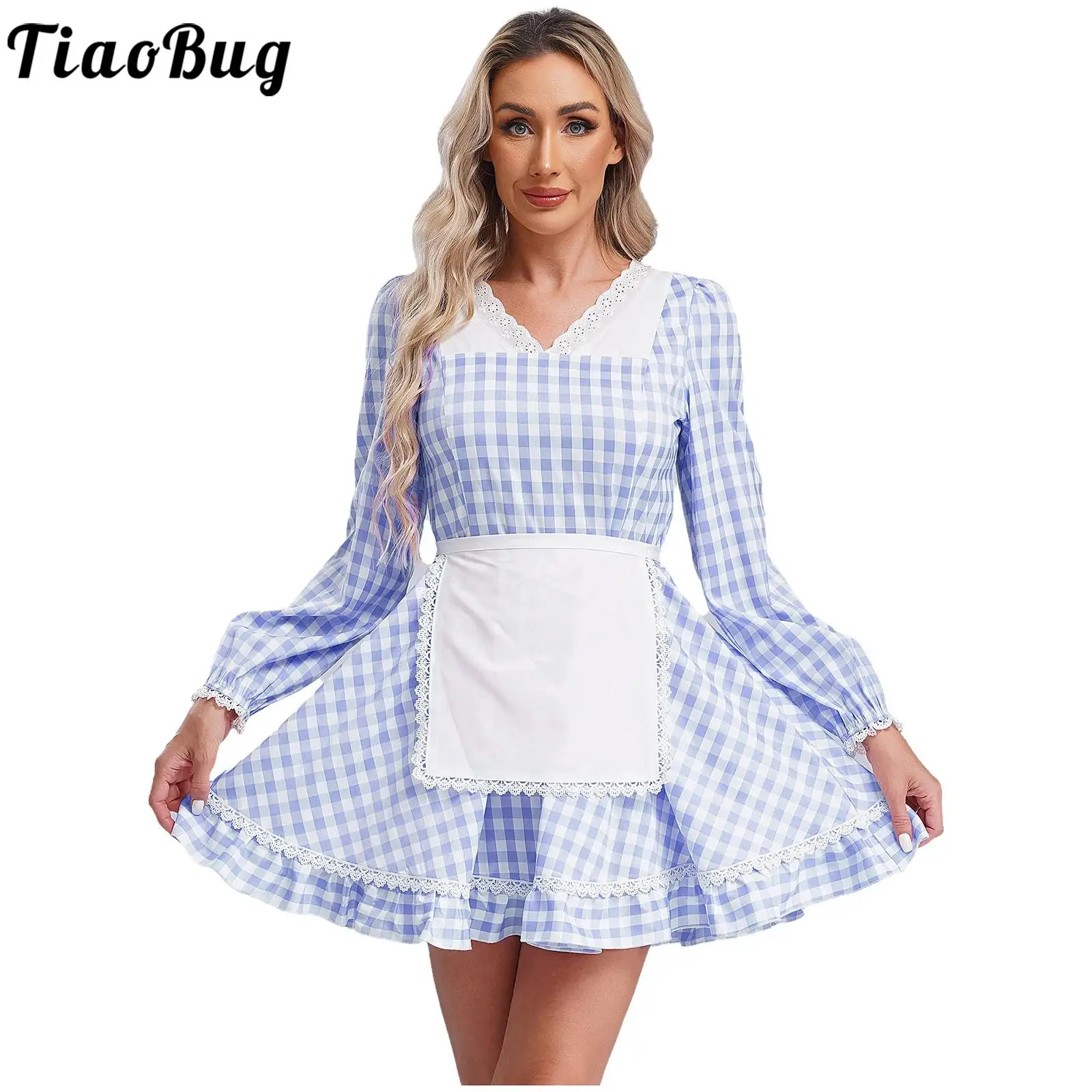 Womens Doll Maid Servant Margot Robbie Cosplay Dress Long Sleeve Lace Trim Gingham Dress with Apron Role Play Costume