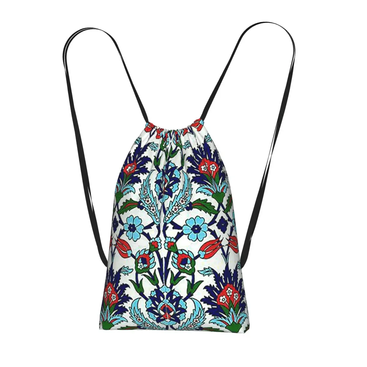 Turkish Iznik Floral Drawstring Backpack Sports Gym Bag Portable Travel Drawstring Bag for Men Women