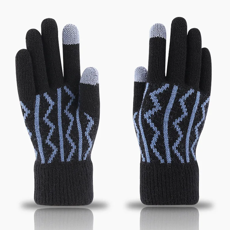 Warm Knit Gloves Men Women Wavy Pattern Touchscreen Winter Soft Travel Gloves Fleece Lined Campus Life Stretchy Walking Outdoors