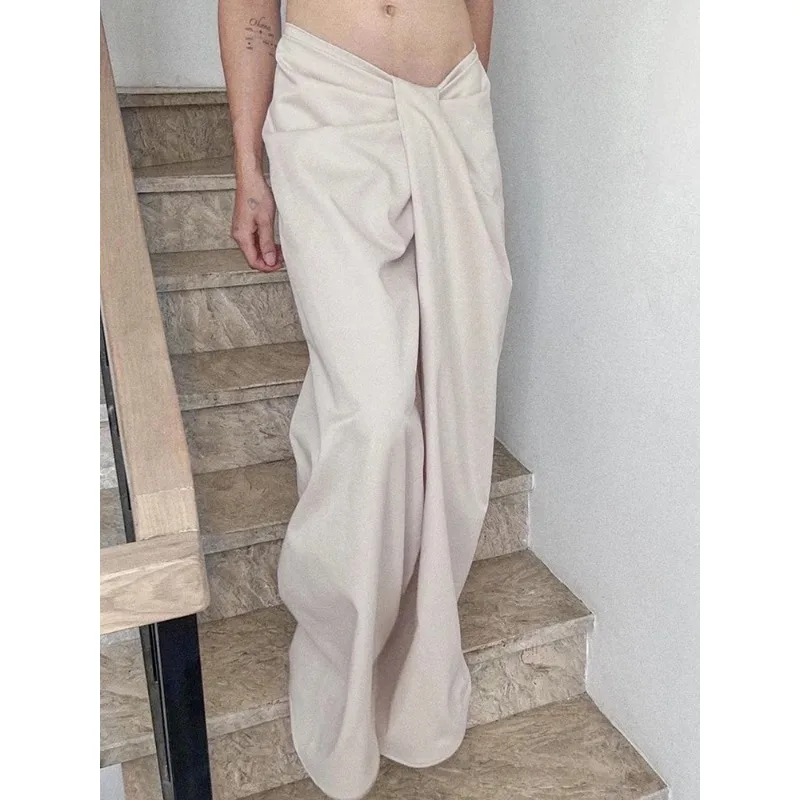 

Women's Asymmetric Wide Pants, Basic Folds, Casual Loose Pants, Low-Waisted, Wide Leg, Fashion Streetwear, Autumn, Spring