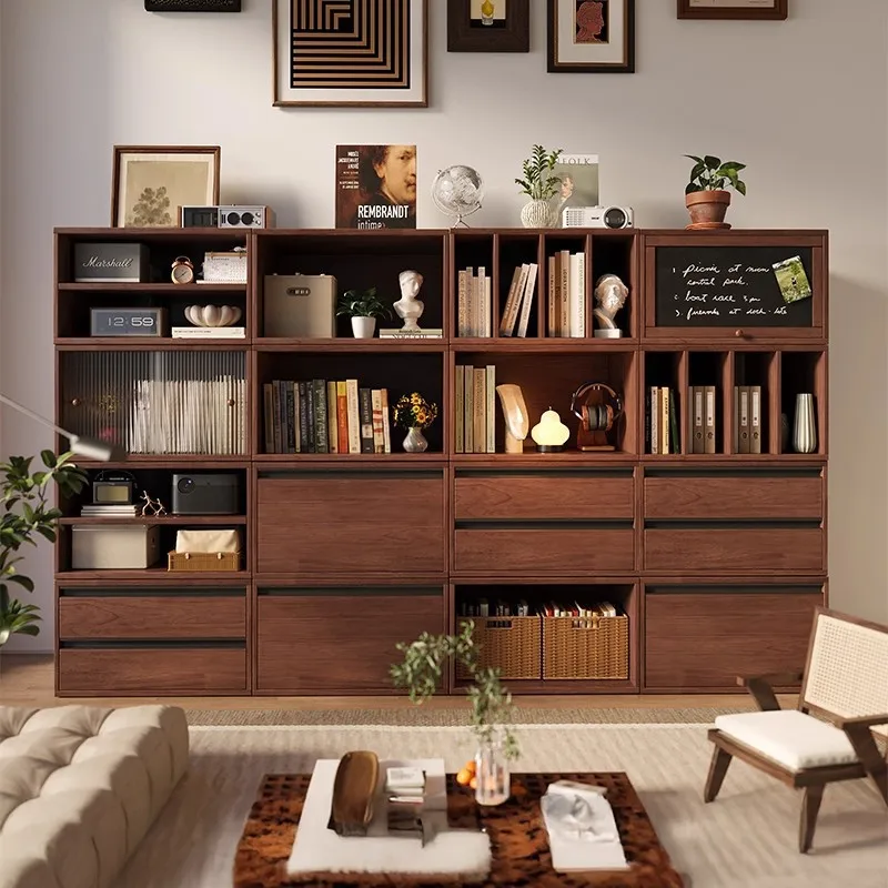 Solid wood bookcase locker integrated against the wall and floor free combination modular lattice cabinet home living room