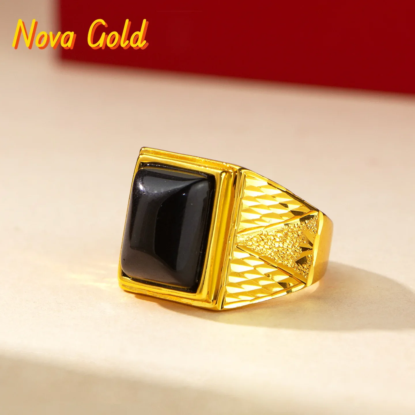 

NovaGlod New 24K real gold inlaid obsidian ring for men with stylish opening and adjustment 9999 ring