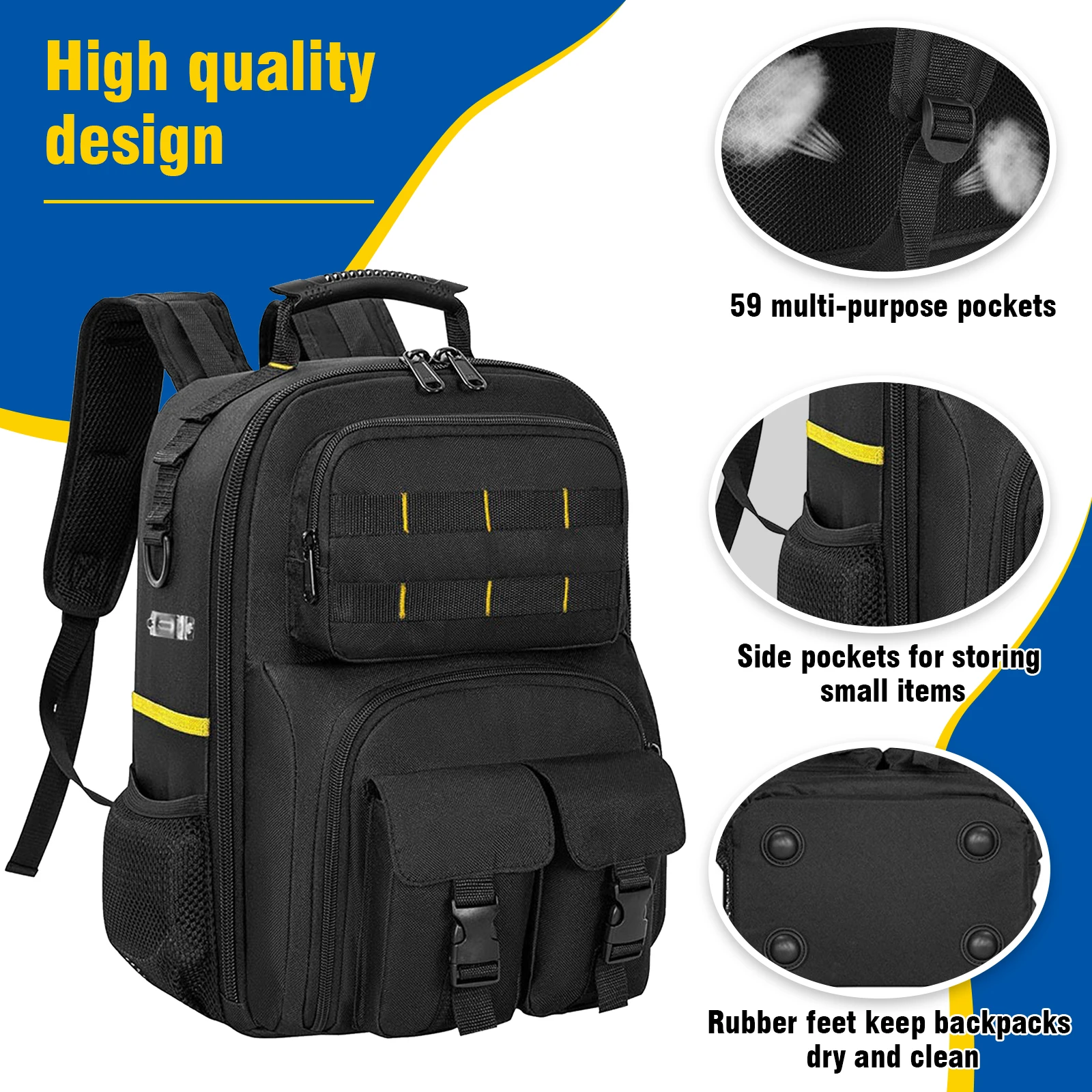 ‌Multifunctional Waterproof Tool Backpack with Padded Shoulder Straps Removable Organizer Pouch Electrician Plumber Work Bag