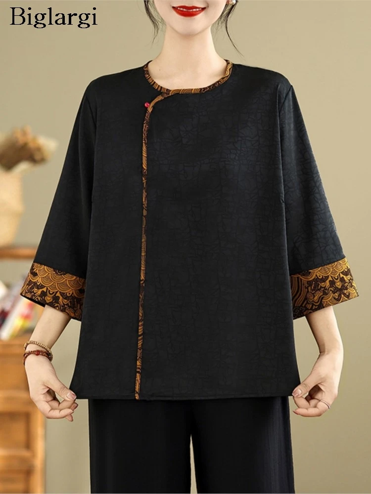 Übergroße Sommer Shirts Frauen Drucken Patchwork Mode Chinesischen Stil Damen Blusen Lose Halbe Hülse Frau T-Shirts
