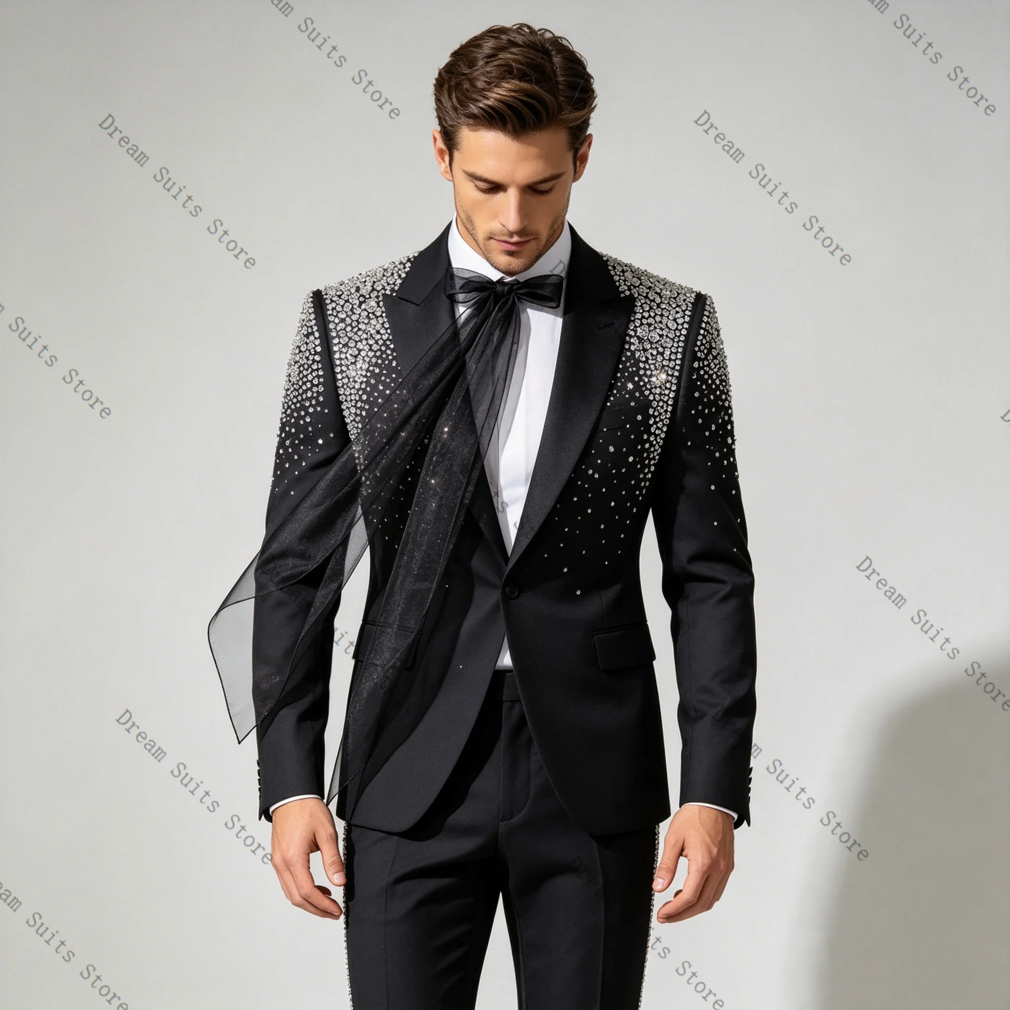 

Tie Bow Black Men Suit Set 2 Pcs Blazer+Pants Trousers Crystals Customized Formal Office Jacket Wedding Tuxedos Prom Coat