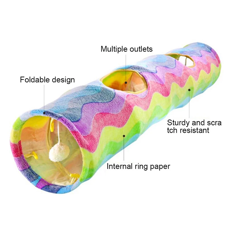 Pet Cat Tunnel Collapsible 4 Holes Indoor Outdoor Tube Kitten Funny Rainbow Tunnel Cat Pet Toy Space-Saving Cat Training Toy