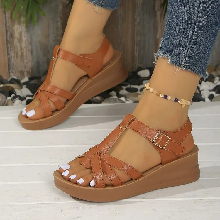 

Новое поступление, сандалии для женщин, модные римские сандалии на массивной платформе в стиле ретро с перекрестными ремешками, летние нескользящие сандалии на танкетке с толстой подошвой