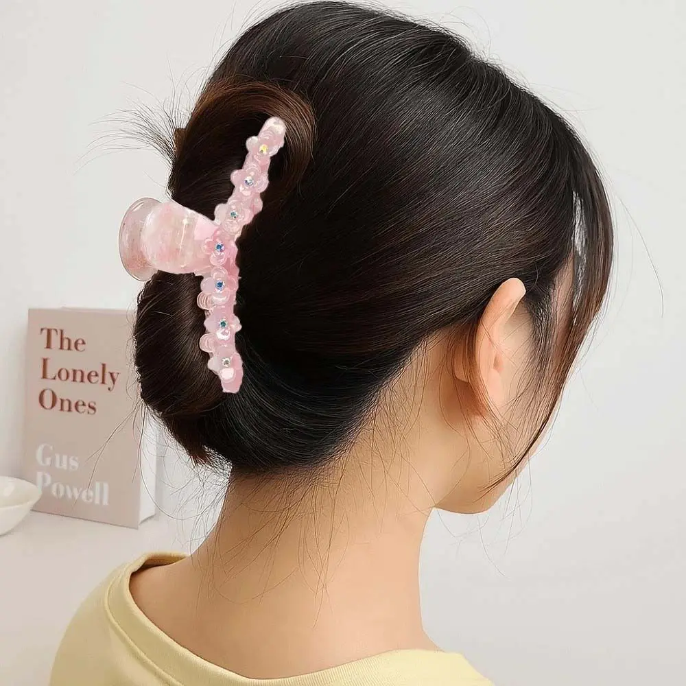 

Gradient Color Straight Line Shaped Flower Shark Clip Women Rhinestone Inlay Acetic Acid Hair Claw Square Acrylic Hairgrips