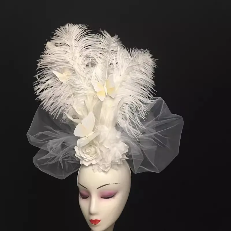 New White Beautiful Feather Flower Model Stage Walk Exaggerate Personality Luxury Creative Makeup Design Headwear