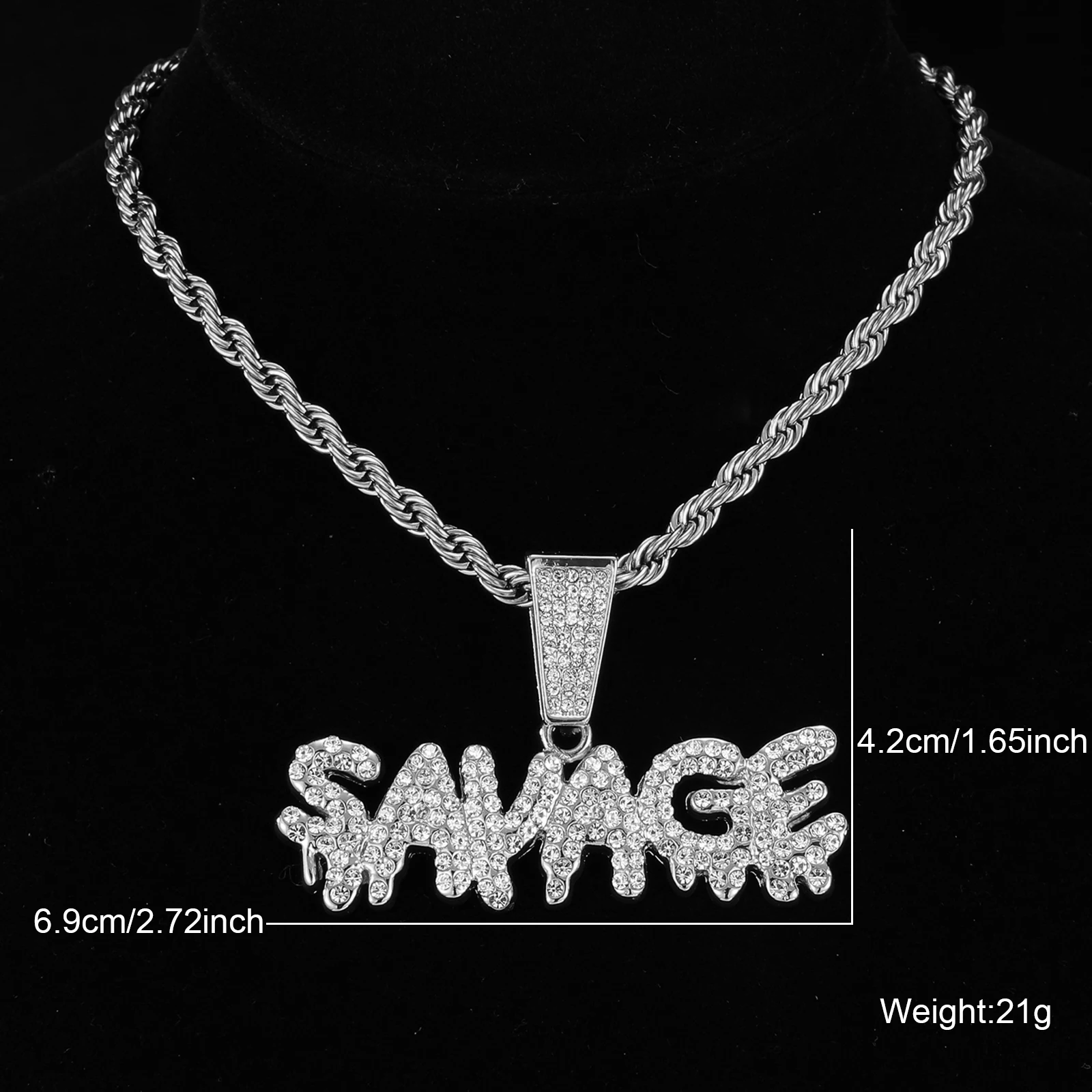 HIP Iced Out Letters SAVAGE Pendants With 13mm Cuban Link Chain AAA+ Rhinestone Pendants Necklaces For Men's Women Jewelry