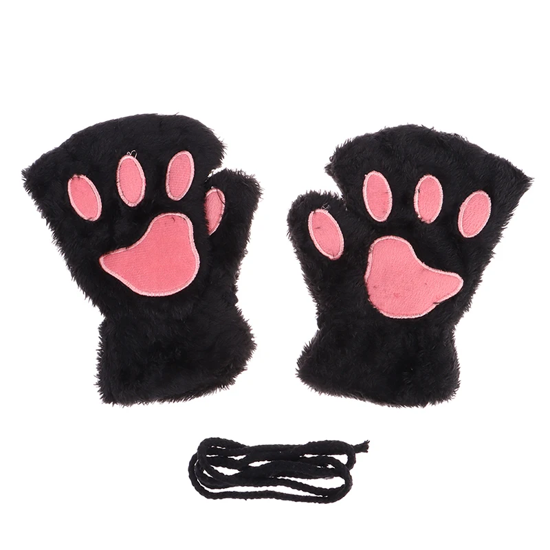 Cute Cat Paw Fluffy Claw Fingerless Gloves Warm Soft Plush Fingerless Panda Glove Half Finger Women Winter Wear Christmas Gifts