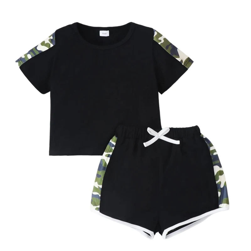 Summer 2 pcs Casual Sportswear Set 5-14 Years Kids Boys Short-sleeved Top + Shorts Set Children Boy Leisure Sports Suit