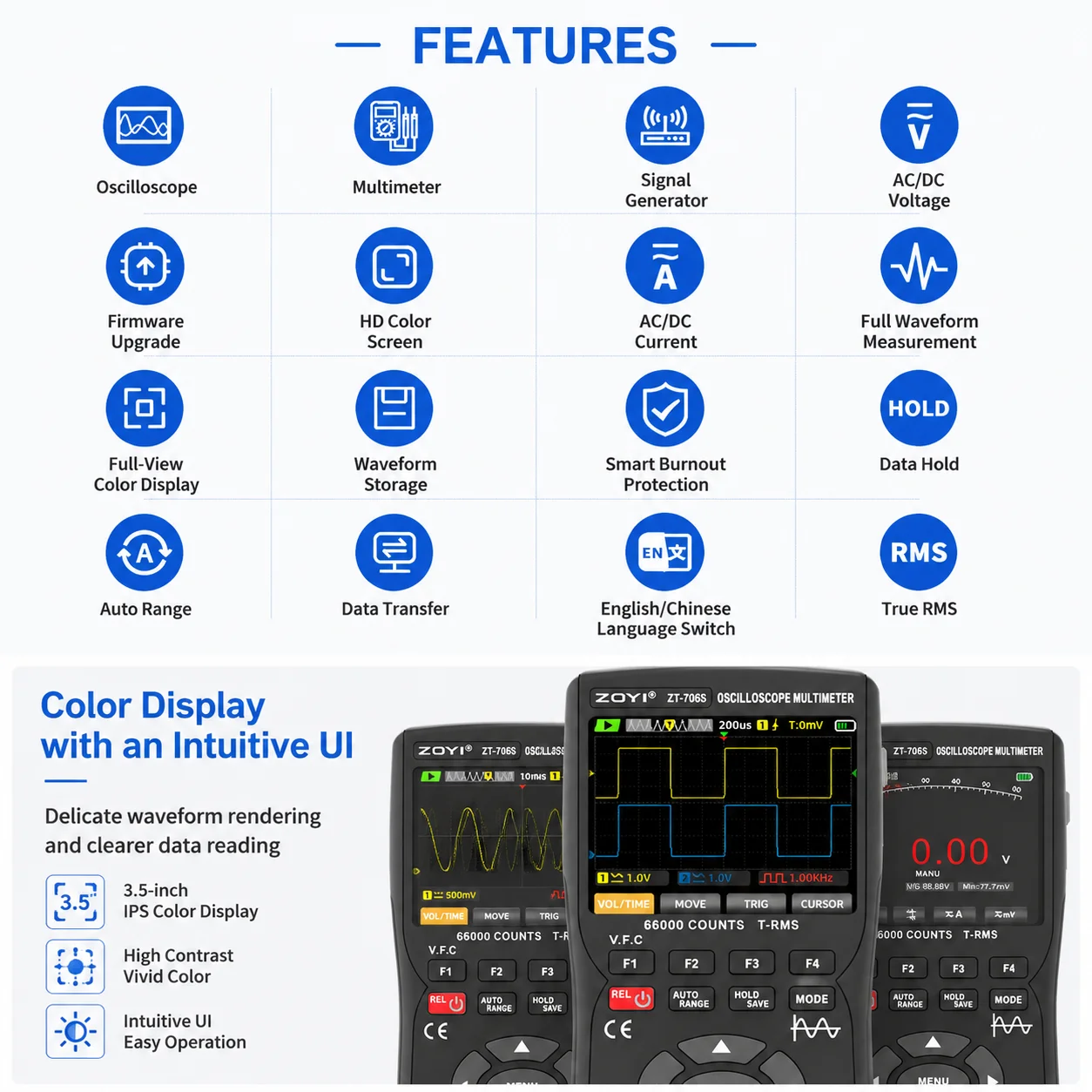 ZOYI ZT-706S New 50MHz 3-in-1 Dual Channel Scope True RMS Multimeter Signal Generator for Car Fault Diagnosis