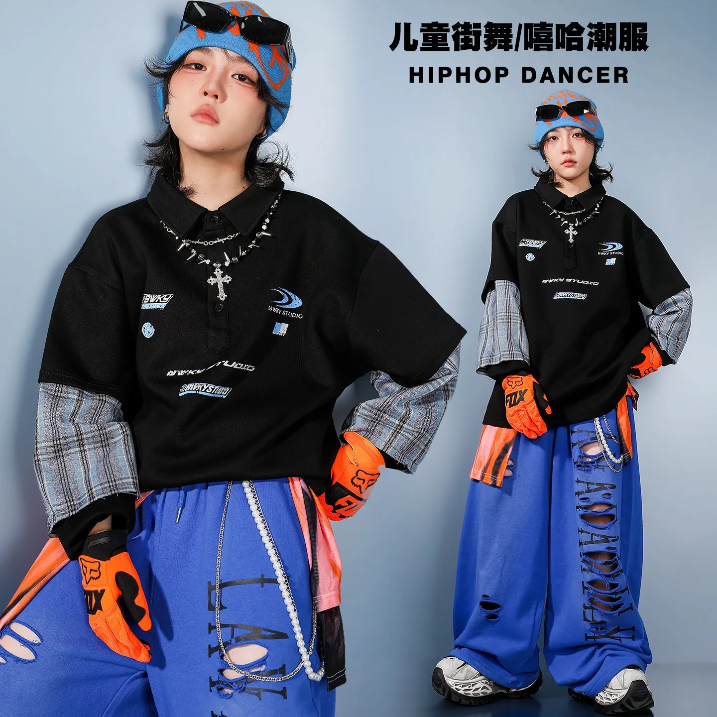 Children Boy Girl Streetwear Hip Hop Loose Long Sleeve Polo Shirt Pants Sets Kids T-shirt Sweatpant Tracksuits Stage Clothes