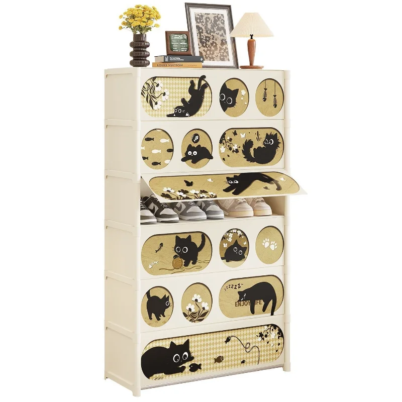 Shoe Cabinet Plastic Shoe Cabinet Dustproof Flip Door Shoe Storage Organizer Cute Black Cat Pattern Multi Layer Shoe Rack