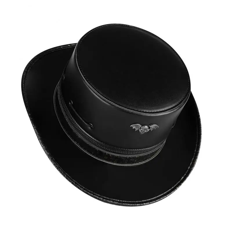 Unisex Magician Pu Wide Brimmed Flat Top Hat Medieval Retro Knight Skeleton Embroidery Pattern Cap Steampunk Props Halloween Cos