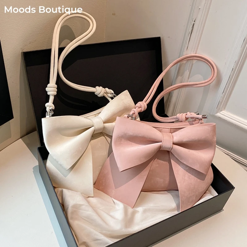 MOODS Big Bow Knot Shoulder Cross Body Bags For Women Girls Velvet Texture PU Leather Messenger Bag 2024 Latest Fashion Handbags