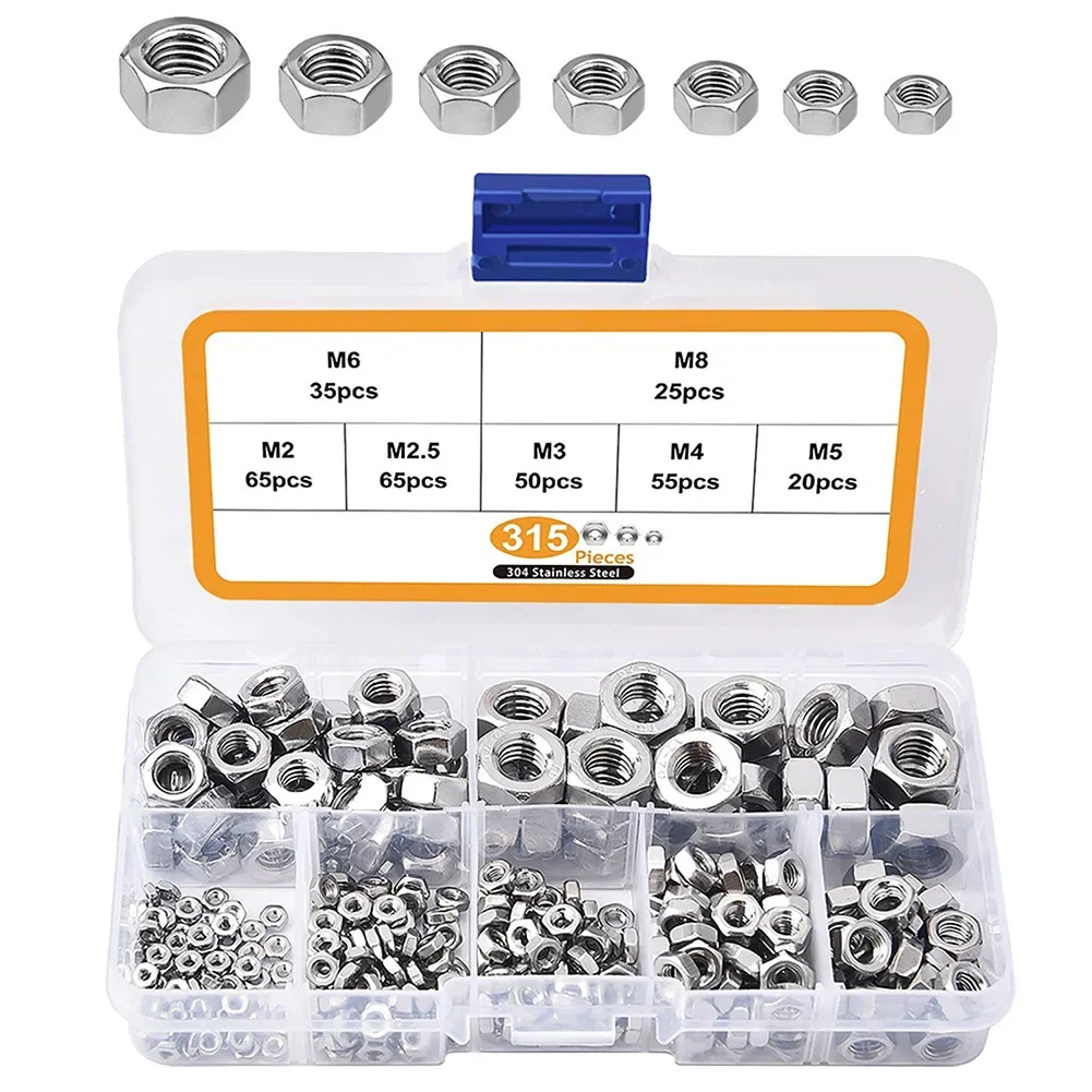

315Pcs Metric 304 Stainless Steel Hex Nuts Assortment Kit For Screw Bolt Superior Rust Resistance And Excellent Oxidation Tool