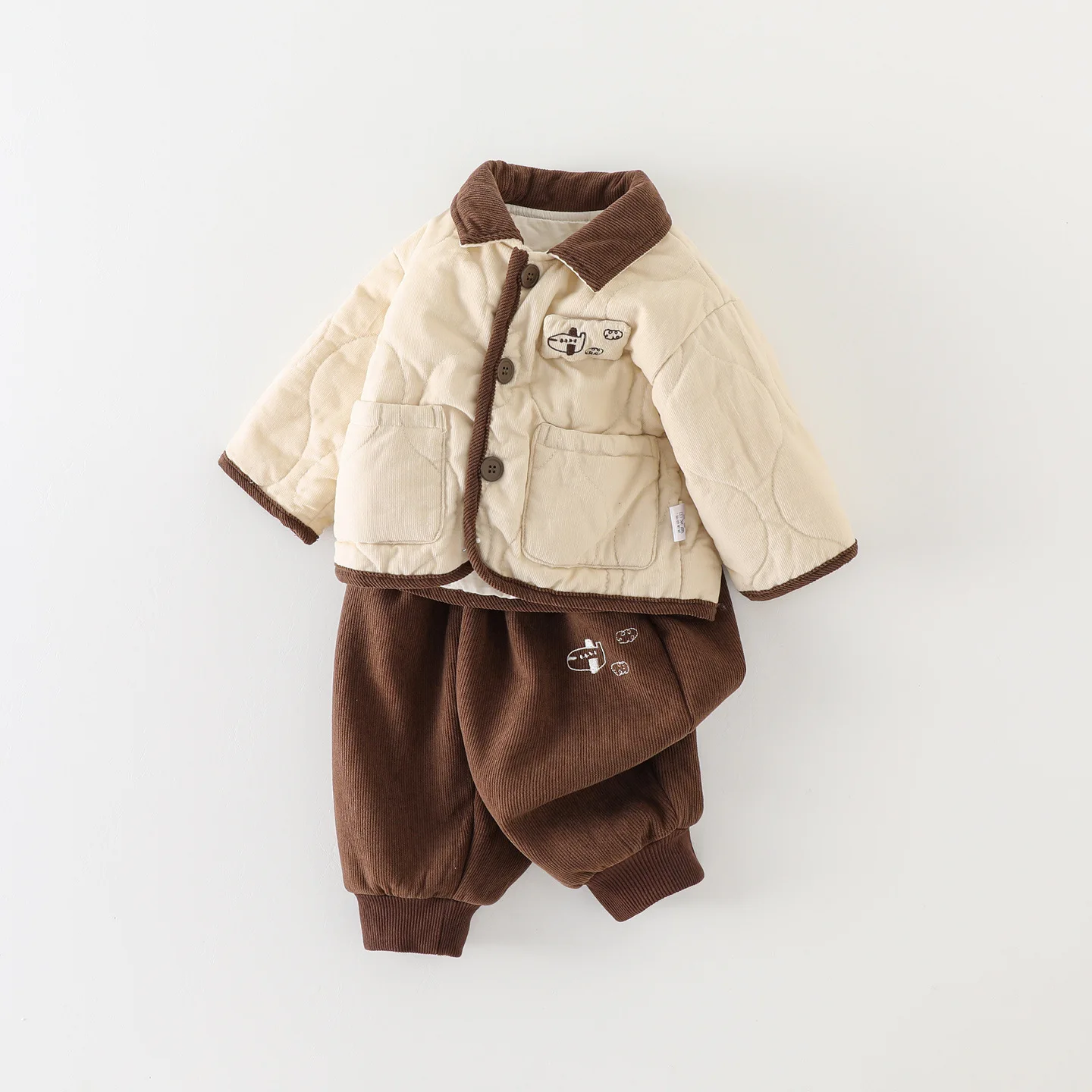 2025 Autumn and Winter Korean Boys' Thick Parkas Men's Baby Fashion Lapel Jacket and Tapered Pants