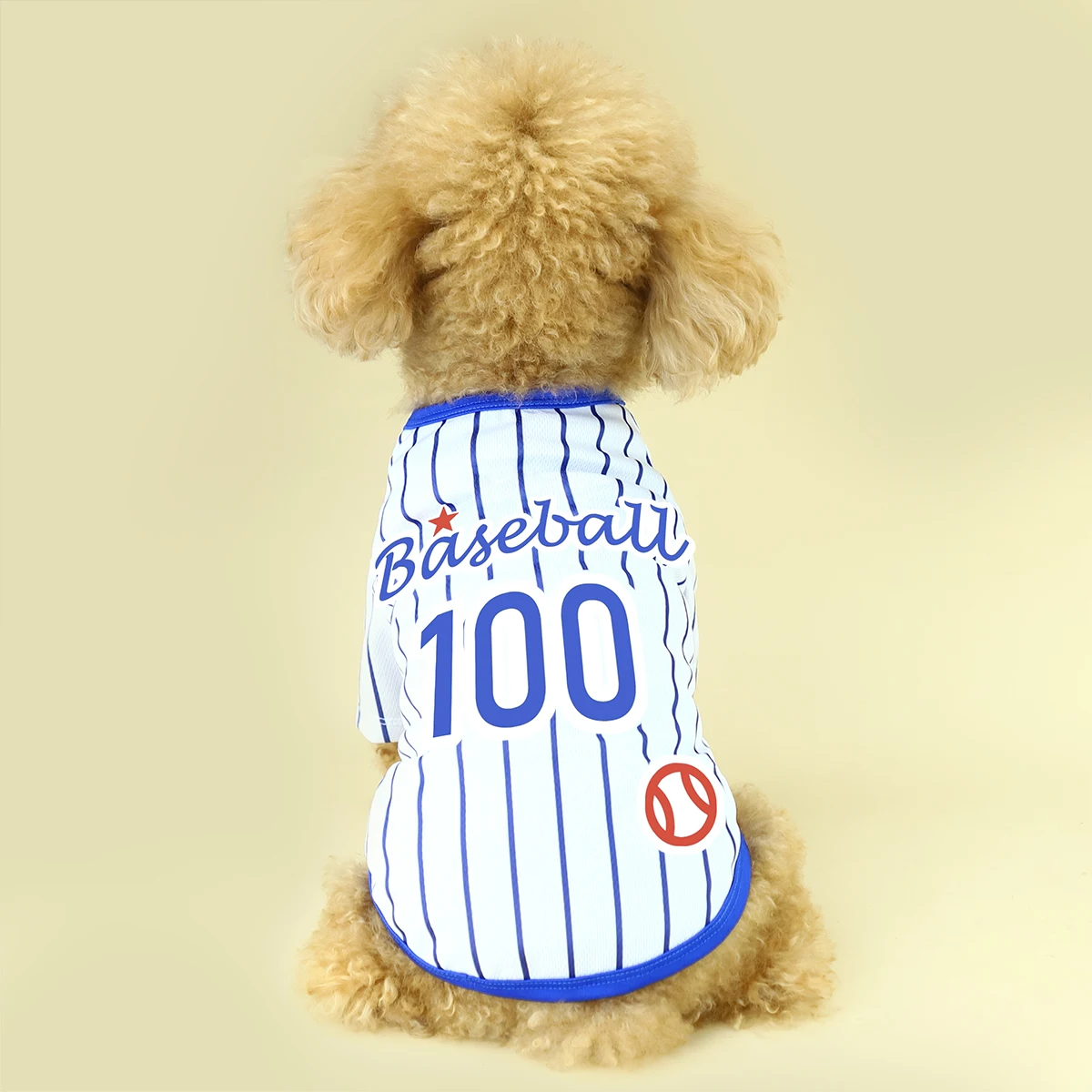 Introducing our Athletic Striped Dog T-shirt, tailored for Large, Medium, and Small Breeds. The back showcases \'Baseball 100\' te