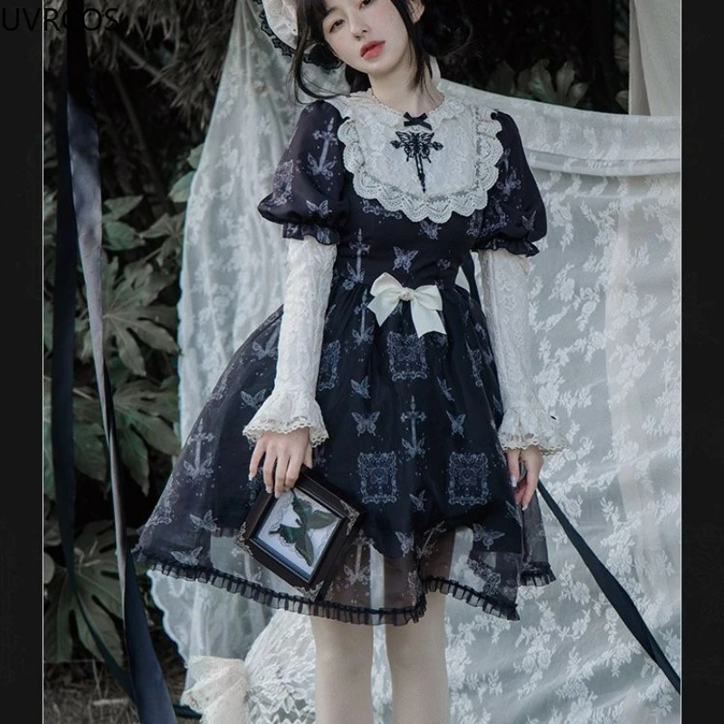 Victorian Gothic Lolita Dresss Women Vintage Elegant Butterfly Print Bow Princess Party Dresses Japanese Girls Kawaii Clothing