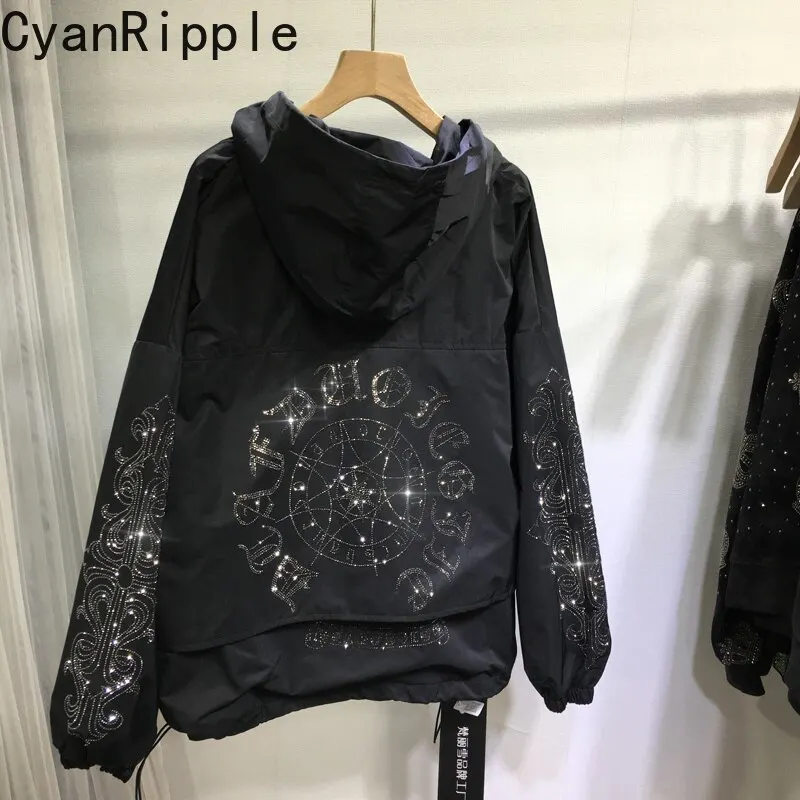 Fashion New Autumn Winter Loose Hooded Trench Coat Shiny Hot Diamonds Black Cardigans Long Sleeve All-match Women Windbreaker