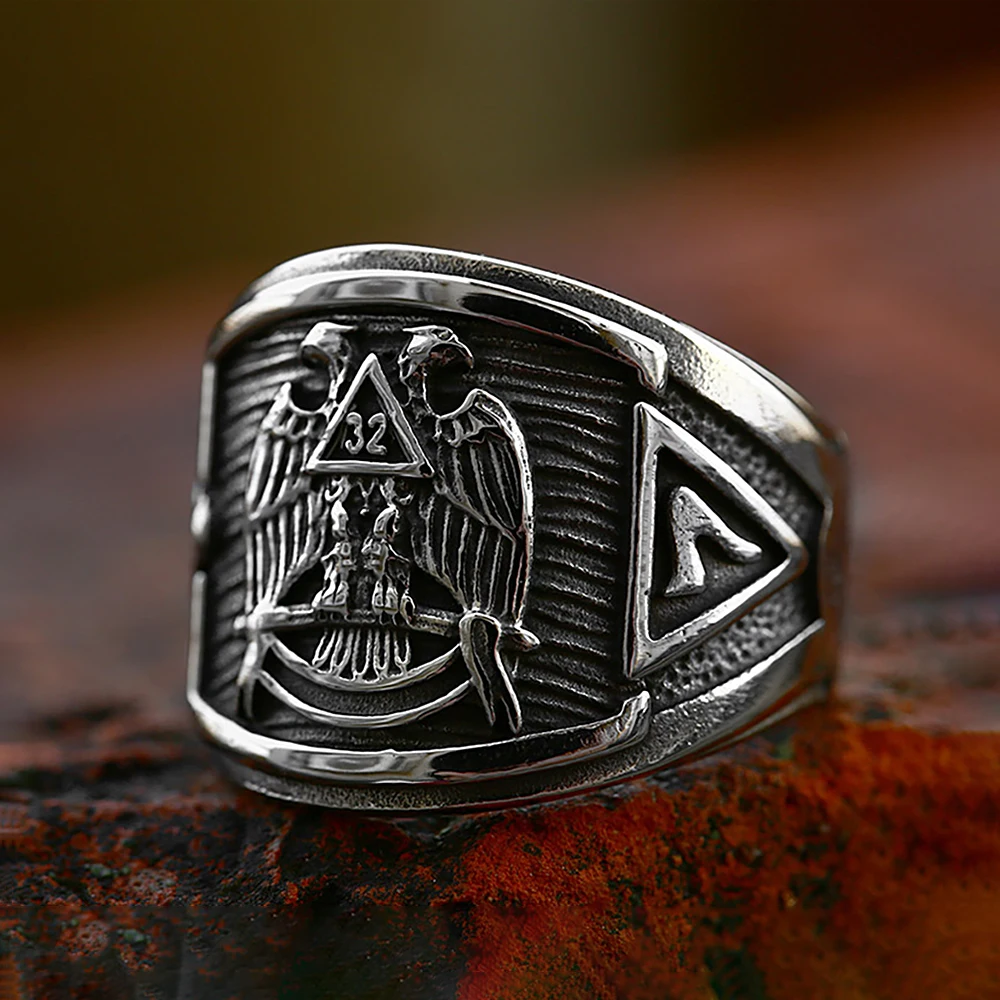 New Fashion Men's Vintage Masonic Symbol Rings Stainless Steel Punk Biker Double Eagles Animal Ring Party Jewelry Dropshipping image 2